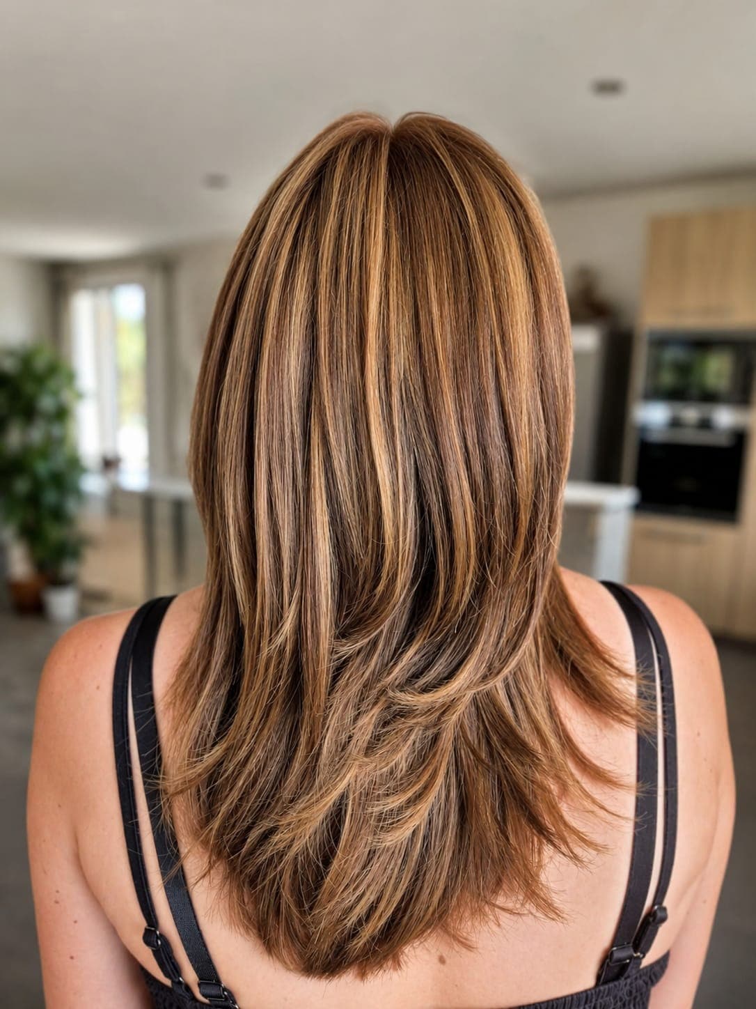 Balayage miel sur carré mi-long dégradé